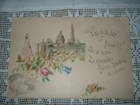 Arte: PRECIOSA ACUARELA ANTIGUA ZARAGOZA RECUERDO COMPA&Ntilde;IA FRANCO ESPA&Ntilde;OLA